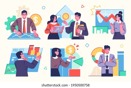 Stock Market, Finance, Capital Investment Concept Illustration Set. Scenes With People Trading On The Stock Exchange. Vector Illustration.