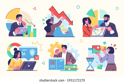 Stock market, finance, capital investment concept Illustration set. Scenes with people trading on the stock exchange. Vector illustration.