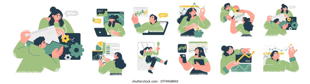 Stock Market, Finance, Capital Investment Concept Illustration Set. Scenes With People Trading On The Stock Exchange. Vector Illustration.