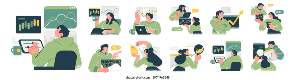 Stock market, finance, capital investment concept Illustration set. Scenes with people trading on the stock exchange. Vector illustration.