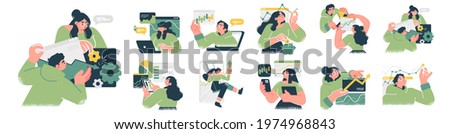 Stock market, finance, capital investment concept Illustration set. Scenes with people trading on the stock exchange. Vector illustration.