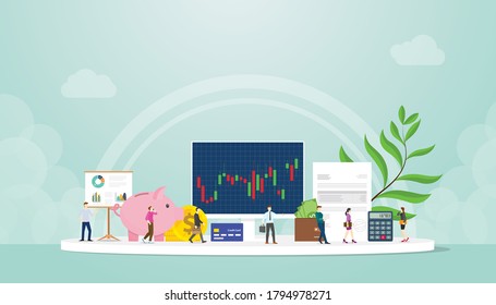 stock market finance concept trading with people businessman and graph chart on computer screen with modern flat style
