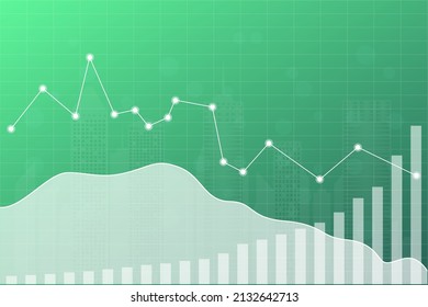 Fondo verde de las finanzas del mercado de valores con línea, gráfico, ciudad. Tendencia ascendente y descendente