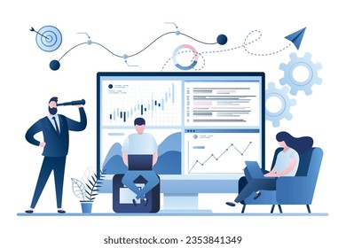 Stock market, financial analysis. Business analyst working. Profit, Revenue Forecast. Businesspeople trade in financial markets. Male boss investor. Trendy style background. Vector illustration svg