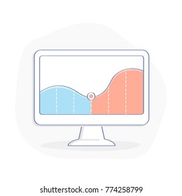 Stock market financial chart on computer display. Flat outline vector illustration icon concept of marketing report, stock exchange, investments, funds, traffic, volume, earnings, accounting.