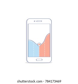 Stock market financial chart on mobile display. Flat outline vector illustration icon concept of marketing report, stock exchange, investments, funds, traffic, volume, earnings, accounting.