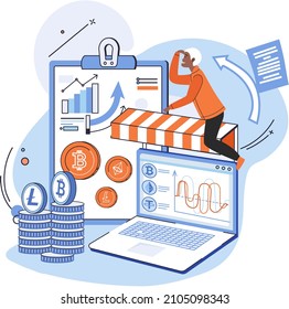 Stock market, financial investment concept. Cryptocurrency exchange and mining platform. Digital technology analytics software on laptop. Work with trading platform, marketplace with online currency