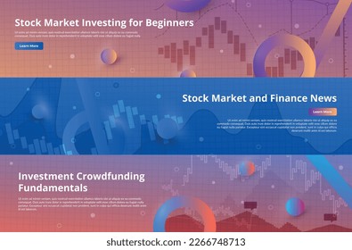 Stock market financial investment news landing page internet banner set vector illustration. Economic graph diagram accounting currency analyzing global money manage information trade business profit