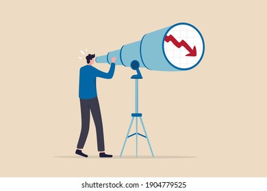 Stock market forecast downfall, vision to see future economic crisis or market crash concept, panic businessman investor look through telescope to see stock market red downward bearish graph.