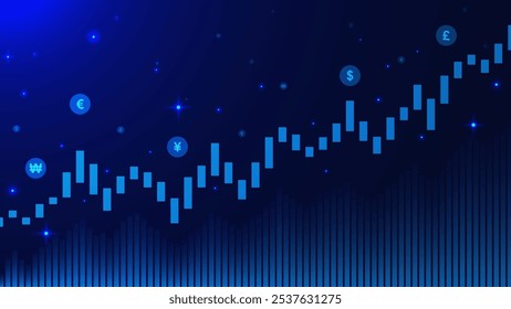 Stock market and forex candlestick chart graph. Business growth, financial investment concept on blue background. Vector illustration