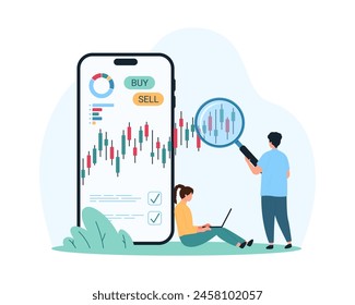 Stock market and forex trade data analysis with mobile app. Tiny people with magnifying glass research Japanese candlestick chart on smartphone screen, analyzing graphs cartoon vector illustration