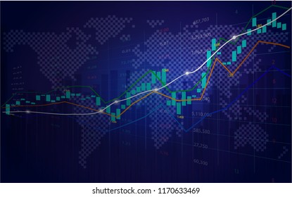 Stock market or forex trading chart with indicator on world map background for financial concept