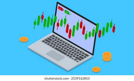 Stock market, forex trading and financial investment concept with laptop, candlestick and stack of coins 3d isometric on blue background. Vector illustration