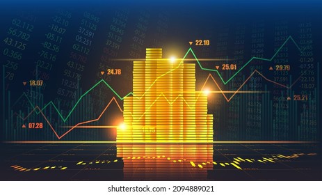 Stock market or forex trading graph with pile of coin in graphic concept. Vector illustration