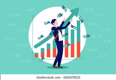 Stock market gains - Man throwing money in the air after earning money on rising market. Trader and winner concept. Vector illustration.