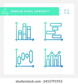 Stock market gradient linear vector icons set. Money charts. Investment strategy. Financial data. Trading company. Thin line contour symbol designs bundle. Isolated outline illustrations collection