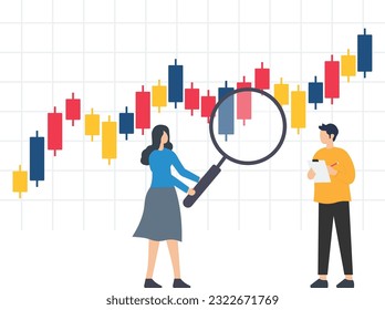 Stock market graph analysis, Crypto trader trend line or finding buy and sell indicator, investment, forex trade or make profit, Holding magnifier analyze investment graph

