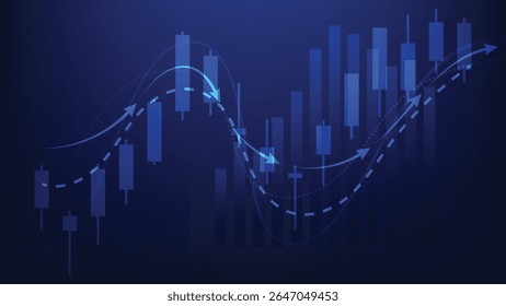 stock market graph with candlesticks and bar chart on blue background 