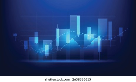 gráfico do mercado de ações com padrão de castiçais e gráfico de barras no fundo azul.