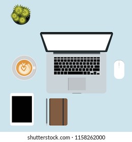 Stock market graph computer laptop top view business with coffee, note, notebook, pencil, pen, tablet white screen
