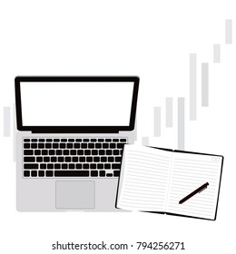 Stock market graph computer laptop top view business with coffee, note, notebook, pencil, pen, calculator vector illustrator