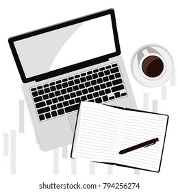 Stock market graph computer laptop top view business with coffee, note, notebook, pencil, pen, calculator vector illustrator