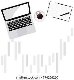 Stock market graph computer laptop top view business with coffee, note, notebook, pencil, pen, calculator vector illustrator