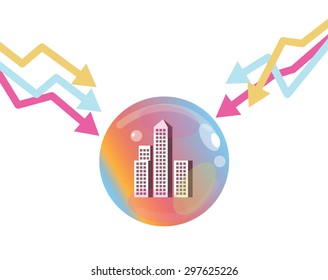 Stock market graph down to pop the property bubble. Financial Crisis Concept. flat design elements. vector illustration