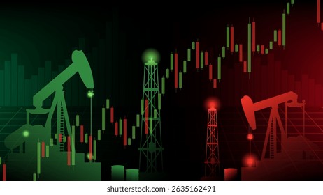 Stock market graph of oil prices showing candlestick chart with pump jack silhouettes