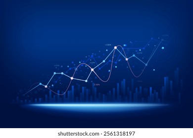 stock market growing up with different indicators on blue background, business financial growth