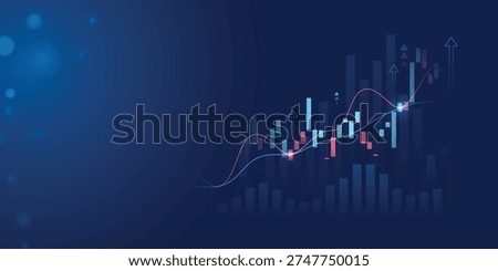 stock market growing up with volume bars and indicators blue abstract bokeh background