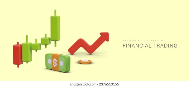 Stock market growth. Chart with Japanese candles, red arrow up, money. Assistance in registering exchange account. Successful trading. Vector concept on yellow background, place for text