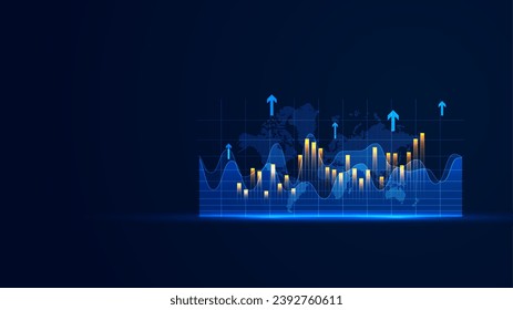 Crecimiento del mercado de valores al estilo de la tecnología futurista. Fondo de escritorio para el crecimiento del negocio con el gráfico de barras brillante estático y flecha hacia arriba. Gráfico del éxito del desarrollo financiero en un contexto oscuro