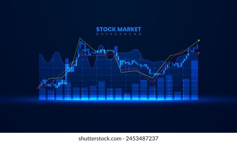 Stock market growth graph in futuristic technology style. Business growth illustration with the bar chart static and up arrow. Successful candlestick trading chart information.