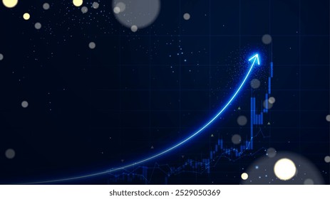 Crescimento do mercado de ações com seta para cima de néon. Gráfico financeiro bem-sucedido no plano de fundo azul. Ilustração do crescimento dos negócios e castiçal