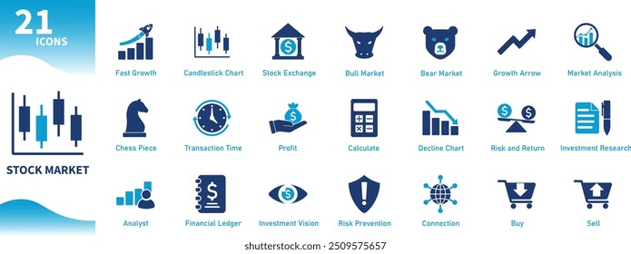 Stock market icon. Collection of financial business icons, candlestick charts, growth, bears and bulls. Solid vector icons.