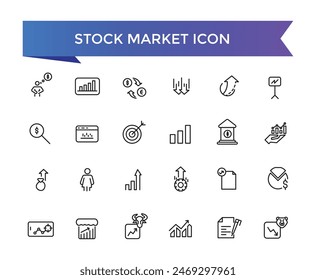 Icono de la bolsa de colección. Relacionado con acciones, bolsa de valores, objetivo financiero, acciones, inversión, mercado alcista, mercado bajista e iconos de inversión.