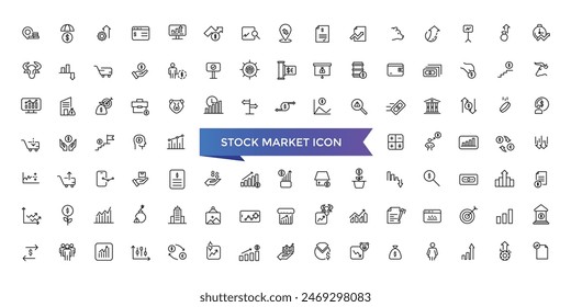 Kollektion des Börsensymbols. Bezogen auf Aktien, Börse, Finanzziel, Aktien, Investition, Bull Market, Bärenmarkt und Investment Icons.