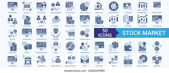 Stock Market icon collection set with data analysis, cashback, money flow, investor, accounting, revenue, insurance, process, entrepreneur, wallet