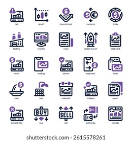 Stock Market Icon pack for your website, mobile, presentation, and logo design. Stock Market Icon dual tone design. Vector graphics illustration and editable stroke.