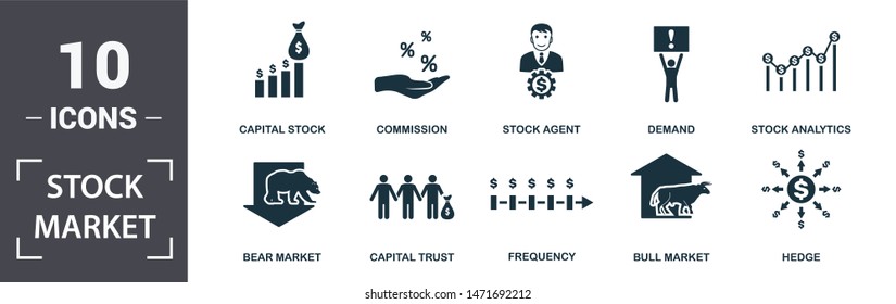 Stock Market Icon Set. Contain Filled Flat Bear Market, Bull Market, Stock Analytics, Stock Agent, Capital Stock, Capital Trust, Demand, Frequency Icons. Editable Format.