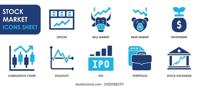 Stock market icon set. Containing stocks, stock exchange, market and so on. Flat Share market related icons.