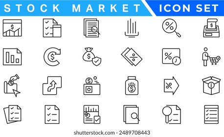 Stock market icon set. Containing stocks, stock exchange, financial goal, shares, investment, bull market, bear market and investment icons. Solid icon collection. Vector illustration