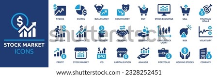 Stock market icon set. Containing stocks, stock exchange, financial goal, shares, investment, bull market, bear market and investment icons. Solid icon collection. Vector illustration.