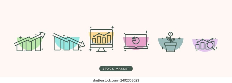 Stock market icon set. financial goal, shares, investment, bull market,diagram. colorful. Solid icon collection. Vector illustration