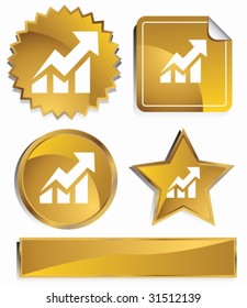 Stock Market Icon Set : Gold Satin Metal Buttons In Star, Starburst, Circle And Sticker, Label Shapes.