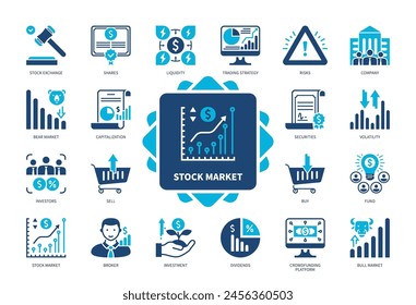 Conjunto de iconos del mercado de valores. Acciones, Bolsa, Valores, Corredor, Inversión, Dividendos, Capitalización, Volatilidad. Iconos sólidos de color de duotono