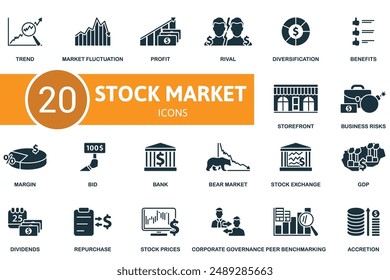 Stock Market icon set. Trend, Market Fluctuation, Profit, Rival, Diversification, Benefits, Storefront, Business Risks, Margin, Bid icons and more