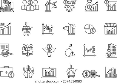 Stock Market Icon Set. Vector Icons Buy, Sell, Stock Exchange, Bull Market, Bear Market, Investor, Dividends, Profit, Candlestick Chart, Campaign, Capitalization, and More