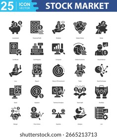 Ícone mercado de ações definir vetor ilustração investimento, lucro financeiro, dividendos, global online, quebra, certificado, caixa registradora, computador, global econômico, consultor visual, perda, relatório